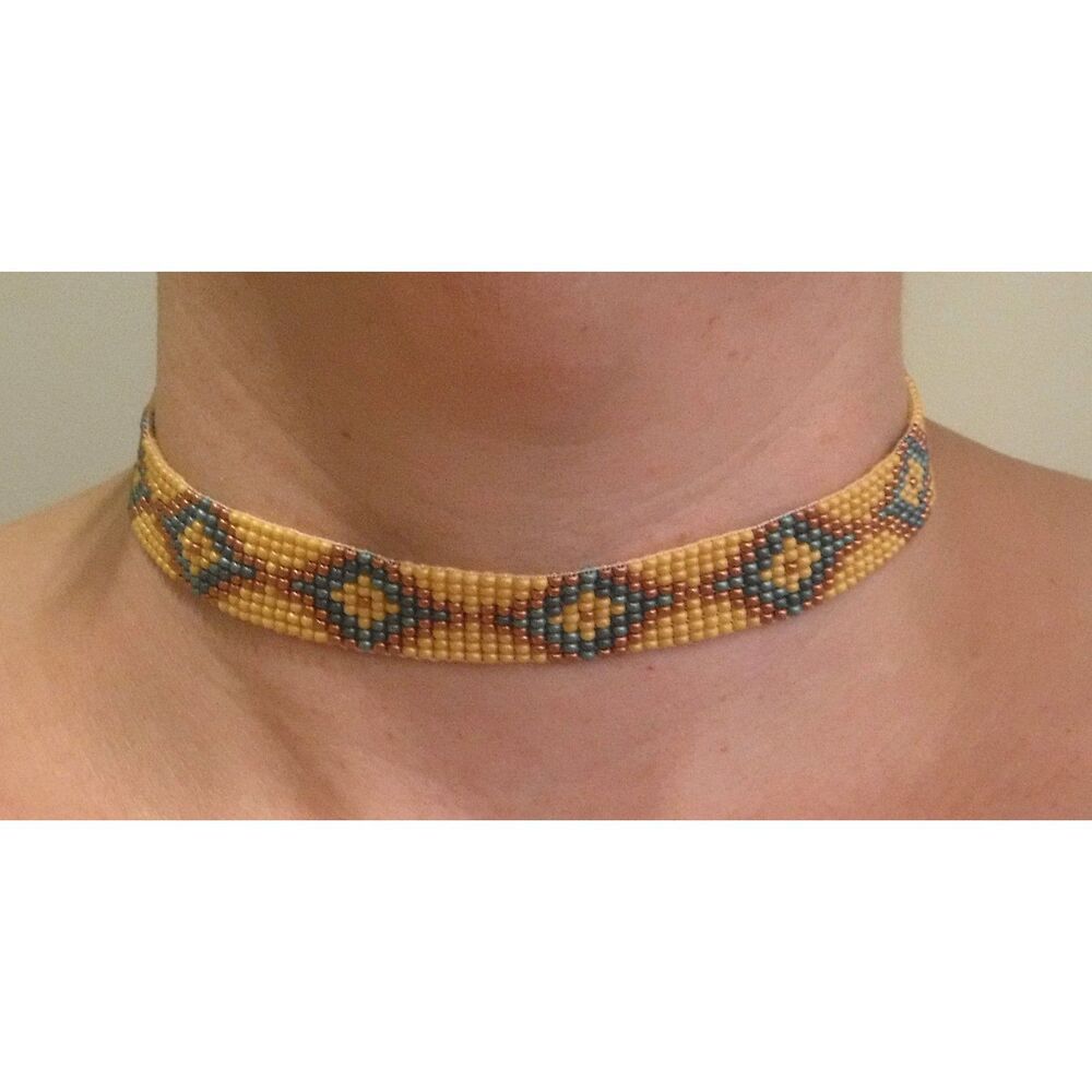 Loom Beaded Choker Necklace Wheat, Green & Copper